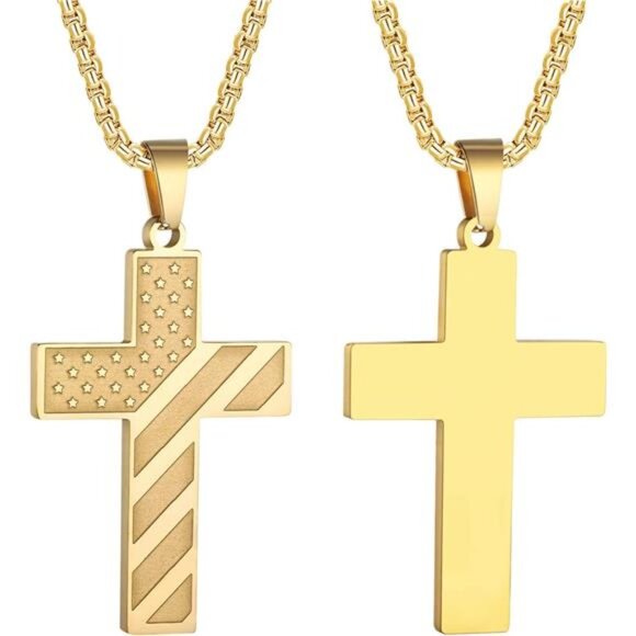 GOLD American Flag Cross Necklace for Men Stainless Steel Box Chain 22+2 inch NW - Picture 1 of 7